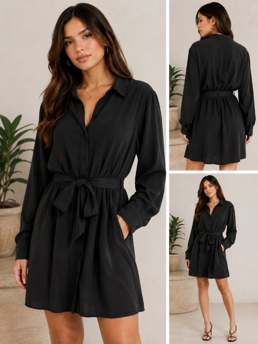 NWT Zara Black Belted Shirt Dress Lyocell Lined Skirt Button Front Mini M